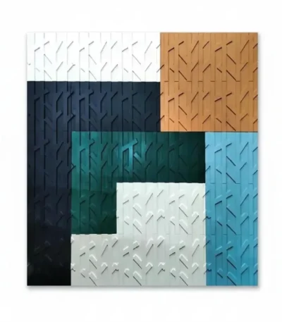 Textured abstract hand-painted canvas with geometric colour blocking in navy, teal, cream, timber and sky blue tones