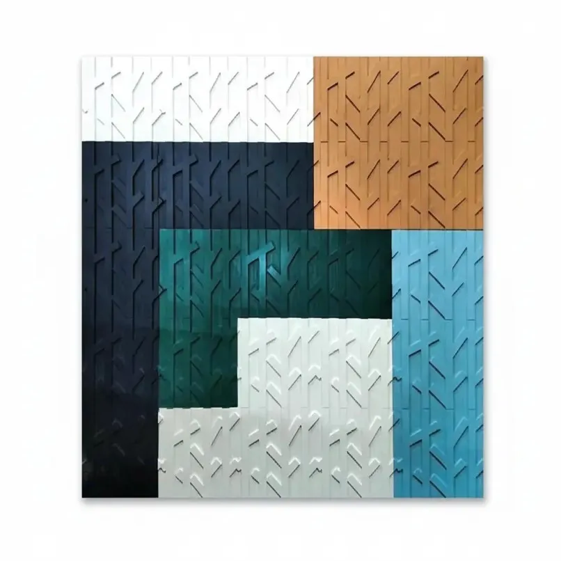 Textured abstract hand-painted canvas with geometric colour blocking in navy, teal, cream, timber and sky blue tones