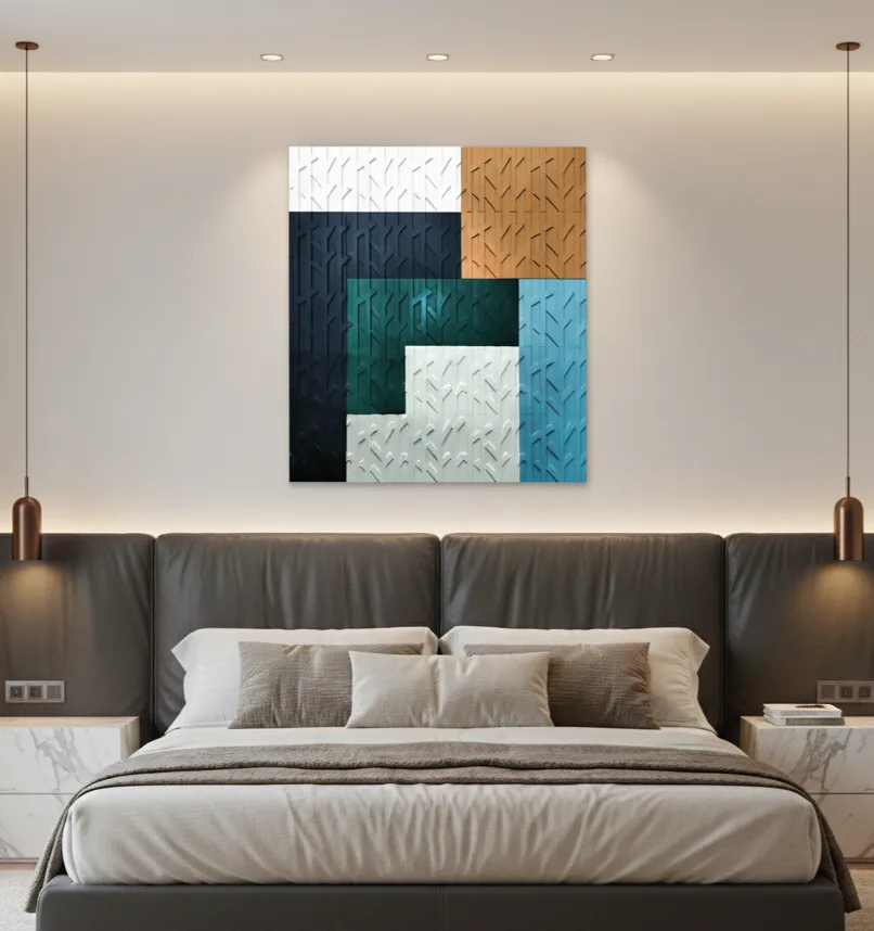 Layered abstract hand-painted canvas in navy, teal, cream and ochre with textured diagonal patterns, contemporary bedroom