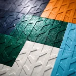 Contemporary textured canvas with geometric color blocking in navy, emerald, cream, white and sky blue