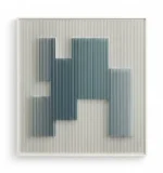 Minimalist hand-painted canvas with layered teal and charcoal abstract forms behind fine vertical line texturing, contemporary living space