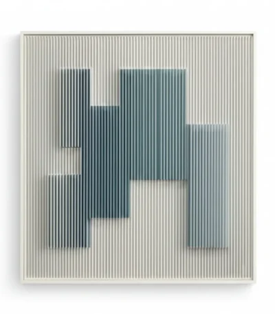 Minimalist hand-painted canvas with layered teal and charcoal abstract forms behind fine vertical line texturing, contemporary living space