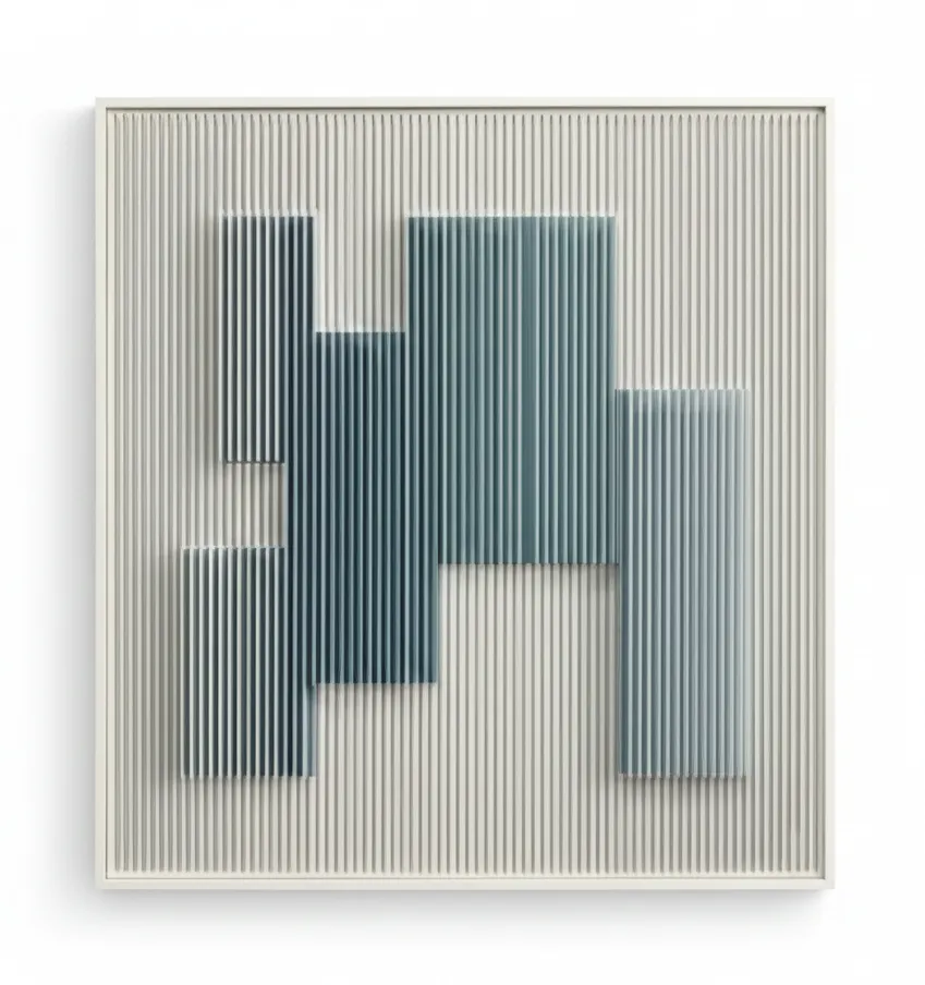 Minimalist hand-painted canvas with layered teal and charcoal abstract forms behind fine vertical line texturing, contemporary living space