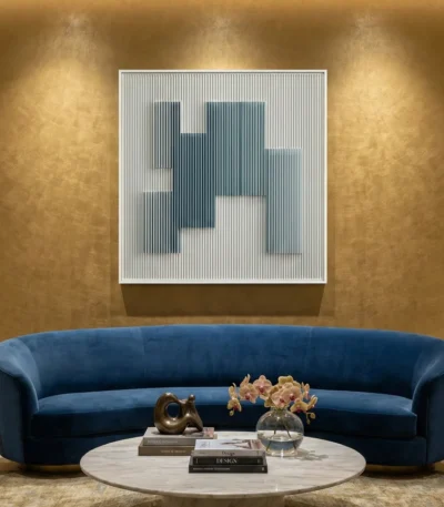 Minimalist hand-painted canvas with vertical linear texture and abstract tonal composition in blue-grey and white, contemporary living space
