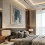 Minimalist hand-painted canvas with vertical gestural strokes in charcoal and white, contemporary bedroom setting