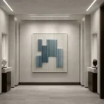 Minimalist hand-painted canvas with layered vertical striping in deep navy and teal tones, gallery setting