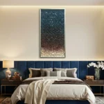 Textured abstract hand-painted canvas in layered teal, burgundy and cream tones, contemporary bedroom setting