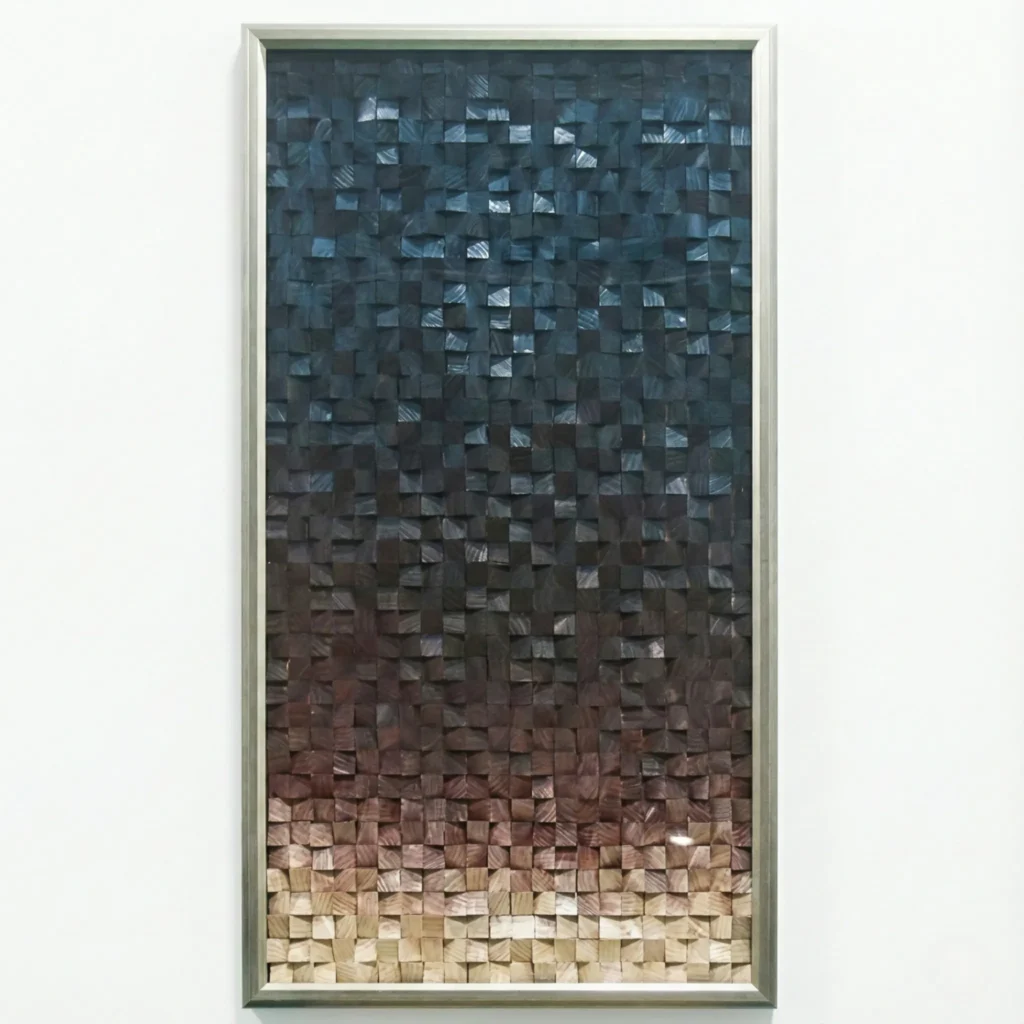 Textured abstract hand-painted canvas with gradient color shift from deep teal through charcoal to warm terracotta and natural wood tones