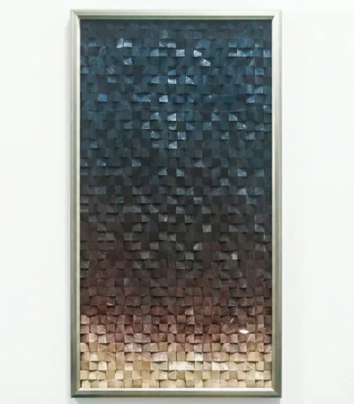 Textured abstract hand-painted canvas with gradient color shift from deep teal through charcoal to warm terracotta and natural wood tones