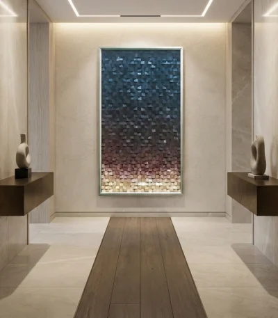 Textured abstract hand-painted canvas with gradient pixelated squares transitioning from deep teal to warm cream tones, contemporary gallery space
