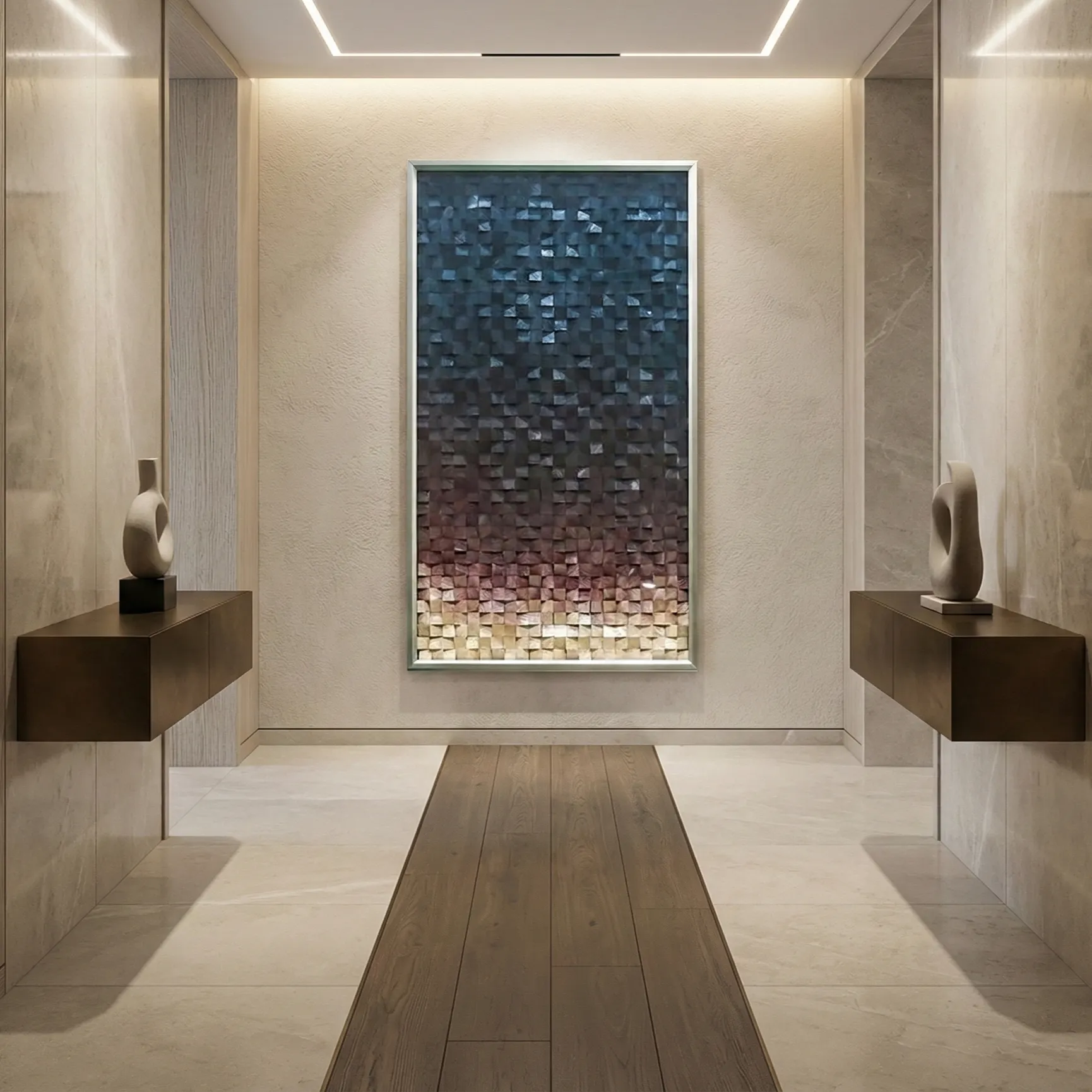 Coastal Gradient – Wood Block Mosaic Wall Art (3) Textured abstract hand-painted canvas with gradient pixelated squares transitioning from deep teal to warm cream tones, contemporary gallery space