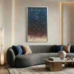 Textured abstract hand-painted canvas in layered indigo, terracotta and cream tones, contemporary living space