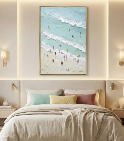 Impressionist hand-painted canvas depicting aerial beach scene with colorful figures and layered white-capped waves in turquoise and cream, modern bedroom