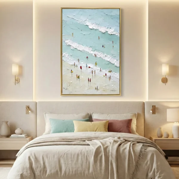 Impressionist hand-painted canvas depicting aerial beach scene with colorful figures and layered white-capped waves in turquoise and cream, modern bedroom