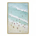 Textured contemporary hand-painted canvas depicting beachgoers in vibrant clothing scattered across sand and turquoise water with white wave details