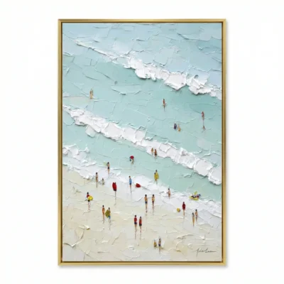 Textured contemporary hand-painted canvas depicting beachgoers in vibrant clothing scattered across sand and turquoise water with white wave details