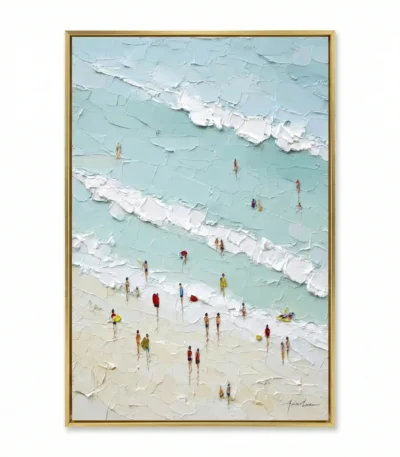 Textured contemporary hand-painted canvas depicting beachgoers in vibrant clothing scattered across sand and turquoise water with white wave details