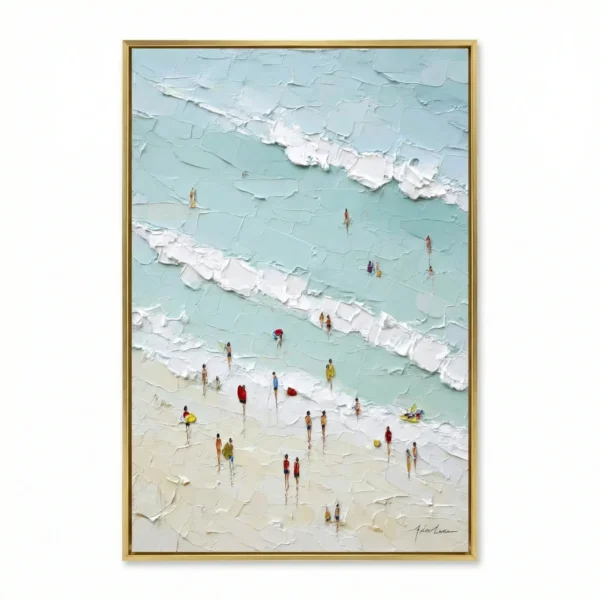 Textured contemporary hand-painted canvas depicting beachgoers in vibrant clothing scattered across sand and turquoise water with white wave details