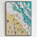 Textured impressionist hand-painted canvas depicting beachgoers and surfboards in turquoise waves and golden sand, layered in white impasto