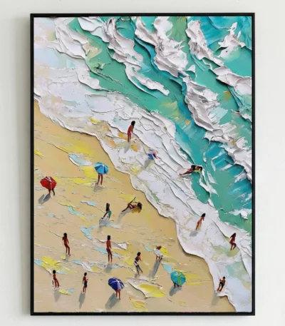 Textured impressionist hand-painted canvas depicting beachgoers and surfboards in turquoise waves and golden sand, layered in white impasto