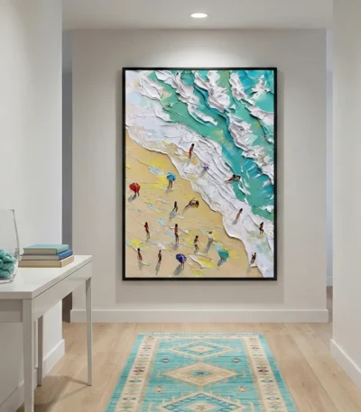 Impressionist hand-painted canvas depicting beach swimmers in turquoise waters and sandy shore with textured white wave details, warm and cool palette, modern entryway