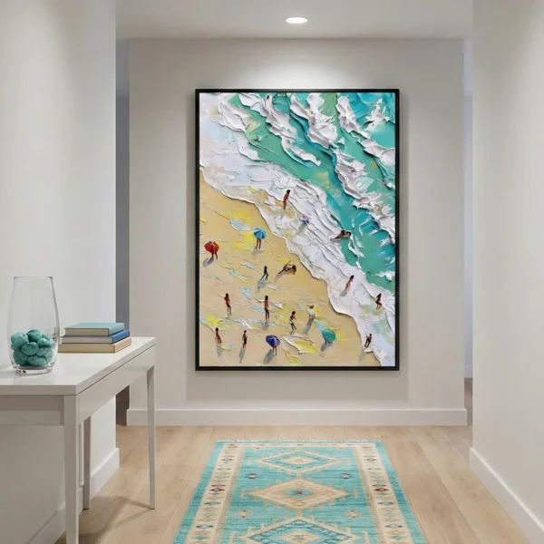 Impressionist hand-painted canvas depicting beach swimmers in turquoise waters and sandy shore with textured white wave details, warm and cool palette, modern entryway