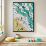 Textured contemporary painting depicting beachgoers and turquoise waves in layered white, aqua, and golden tones, hand-painted canvas in bright coastal setting