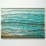 Textured hand-painted canvas with layered turquoise and cream tones, woven string creating undulating wave patterns, white accent details throughout