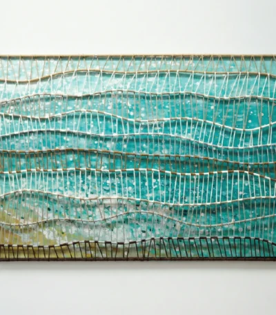 Textured hand-painted canvas with layered turquoise and cream tones, woven string creating undulating wave patterns, white accent details throughout