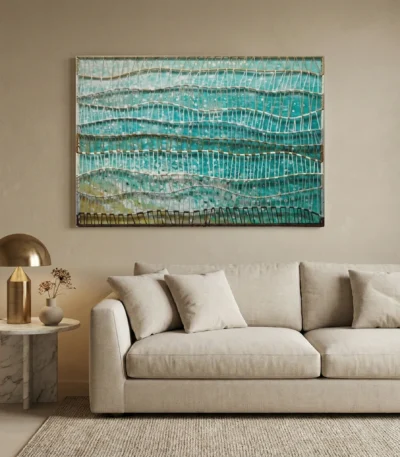Layered abstract hand-painted canvas with undulating wave patterns in turquoise, teal and ochre tones, contemporary living space