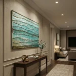 Layered abstract hand-painted canvas with flowing wave patterns in turquoise, cream and ochre tones, contemporary entryway