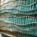 Textured abstract hand-painted canvas with layered turquoise and cream tones, organic linear details, contemporary living space