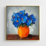 Contemporary hand-painted canvas depicting vibrant blue flowers in bold gestural strokes with striking orange vase, neutral backdrop