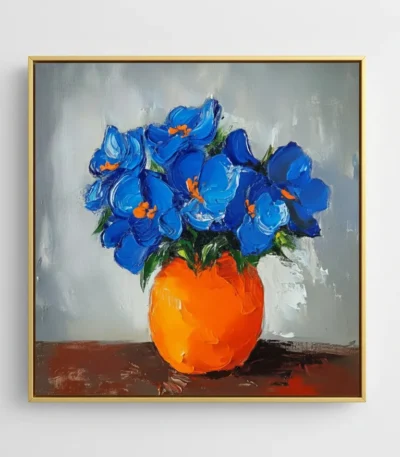 Contemporary hand-painted canvas depicting vibrant blue flowers in bold gestural strokes with striking orange vase, neutral backdrop