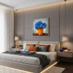 Vibrant still life hand-painted canvas depicting blue iris flowers in orange vase, warm contemporary bedroom