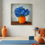 Contemporary still life hand-painted canvas featuring vibrant blue flowers in bold orange vase, warm color palette