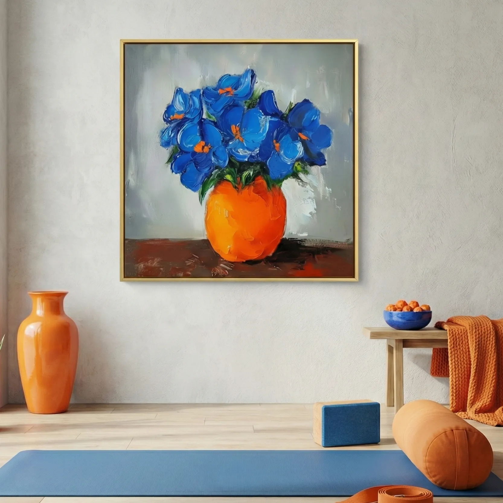 Cobalt Blossom Study Textured Blue Palette Knife color wall art (5) Contemporary still life hand-painted canvas featuring vibrant blue flowers in bold orange vase, warm color palette