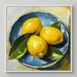 Painterly hand-painted canvas of three lemons with green leaves in a dark blue bowl, warm yellow and teal palette