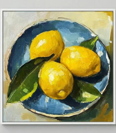 Painterly hand-painted canvas of three lemons with green leaves in a dark blue bowl, warm yellow and teal palette