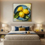 Contemporary still life painting featuring three golden lemons in a blue bowl with green leaves, warm and cool tones, modern bedroom