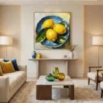 Contemporary still life hand-painted canvas featuring three yellow lemons with green leaves on blue plate, warm neutral palette, modern living space