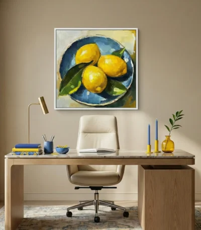 Contemporary still life hand-painted canvas depicting three vibrant lemons on blue plate, yellow and blue palette, home office setting