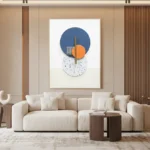Contemporary abstract hand-painted canvas with layered geometric circles, checkered patterns and orange accent in blue and cream tones, modern living space