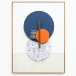 Minimalist abstract hand-painted canvas with layered geometric circles in navy, white speckled, and orange with bronze vertical line