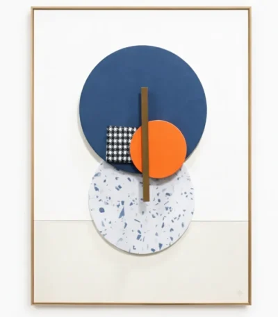 Minimalist abstract hand-painted canvas with layered geometric circles in navy, white speckled, and orange with bronze vertical line