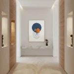 Minimalist abstract hand-painted canvas with geometric shapes in navy blue, orange, and speckled cream tones, contemporary entryway