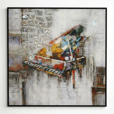 Textured abstract hand-painted canvas featuring a vibrant grand piano in multicolored brushstrokes against weathered neutral background, contemporary studio setting