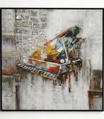 Textured abstract hand-painted canvas featuring a vibrant grand piano in multicolored brushstrokes against weathered neutral background, contemporary studio setting