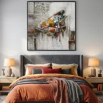 Abstract expressionist hand-painted canvas depicting colorful grand piano with gestural brushstrokes in vibrant jewel tones, modern bedroom