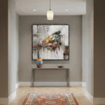 Contemporary abstract hand-painted canvas depicting a colorful grand piano with gestural brushstrokes in warm and cool tones, modern entryway